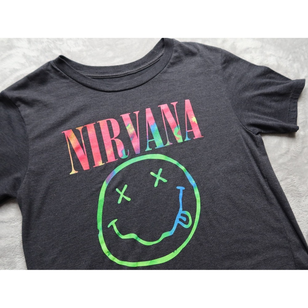 Nirvana Smiley Face Rock‎ Grunge T Shirt Men's Size M 90's Charcoal Curt Cobain